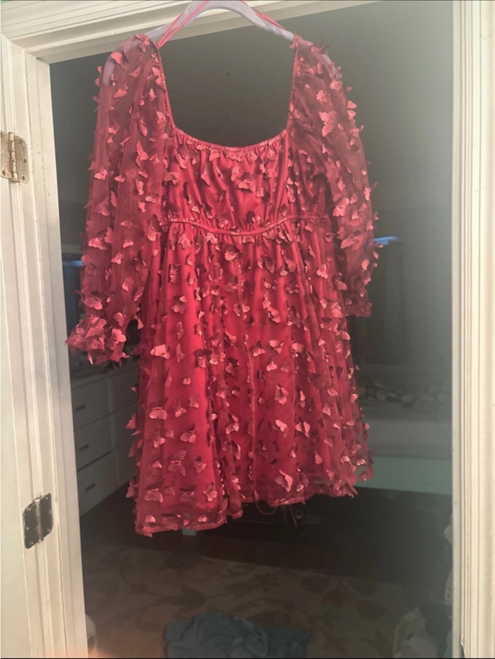 Romantic Red Mini Dress with 3D Petal Appliqués